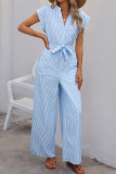 Sleeveless V-Neck Blue White Striped Jumpsuit Pants