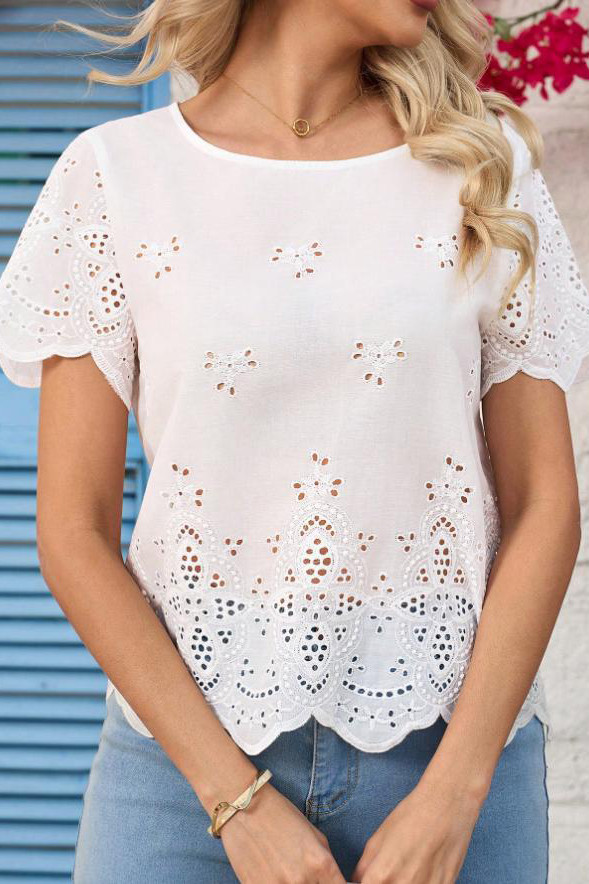 Solid Color Hollow Round Neck Short Sleeved Shirt