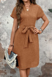 V-Neck Solid Color Short Sleeved Bow Waistband Dress