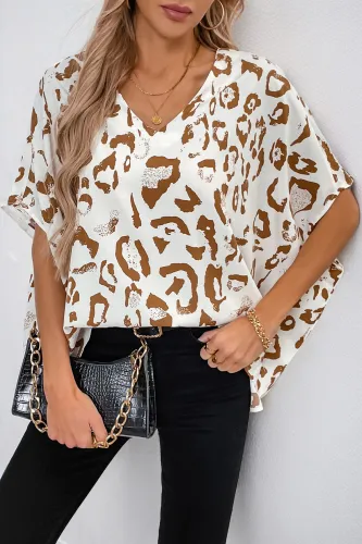 V-Neck Loose Bat Sleeve Leopard Print Shirt