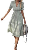 V-Neck Elastic Waisted Short Sleeved Dress