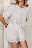 Round Neck Short Sleeved Embroidered Pants Two-Piece Set