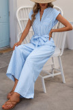 Sleeveless V-Neck Blue White Striped Jumpsuit Pants