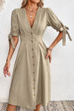 Button Short Sleeved Slimming V-Neck Dress
