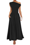 Solid Color Slanted Shoulder Pocket Dress