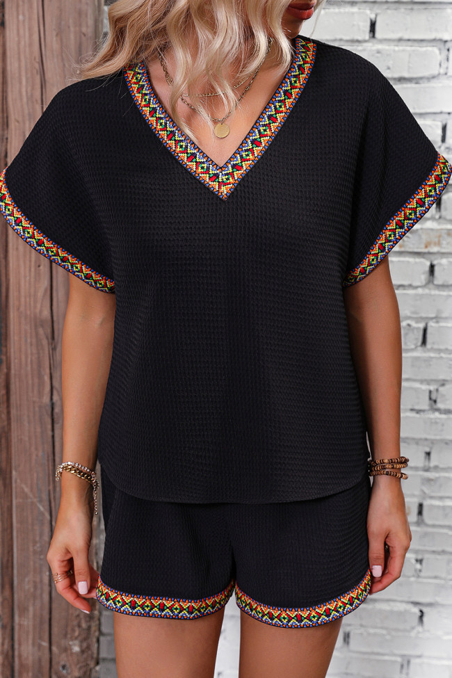 Bohemian V-Neck Short Sleeved Shorts Two-Piece Set