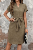 V-Neck Solid Color Short Sleeved Bow Waistband Dress