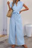 Sleeveless V-Neck Blue White Striped Jumpsuit Pants