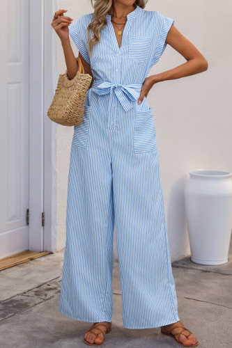 Sleeveless V-Neck Blue White Striped Jumpsuit Pants
