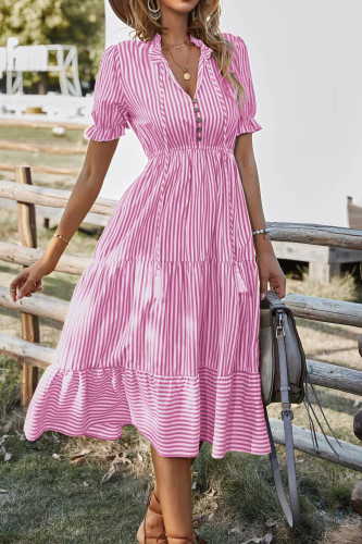V-Neck Elastic Waisted Short Sleeved Dress