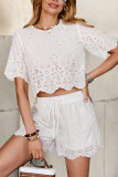 Round Neck Short Sleeved Embroidered Pants Two-Piece Set