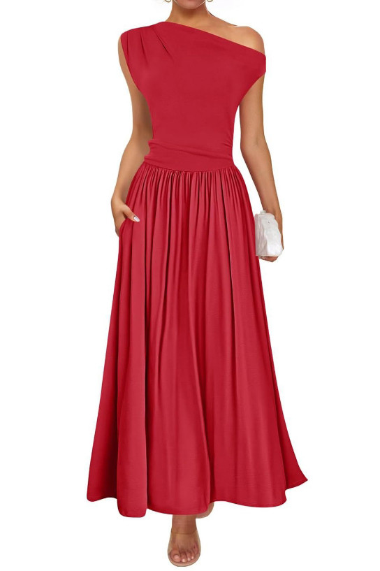 Solid Color Slanted Shoulder Pocket Dress