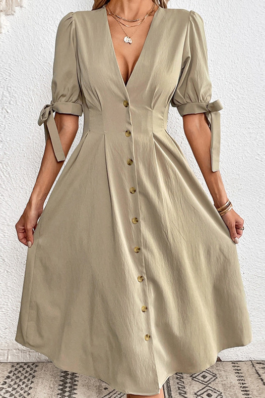 Button Short Sleeved Slimming V-Neck Dress