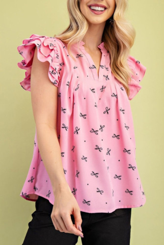 V-Neck Multi-Layer Lotus Leaf Sleeve Printed Shirt