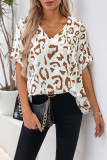 V-Neck Loose Bat Sleeve Leopard Print Shirt