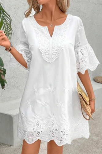 Embroidered Lace V-Neck Five Quarter Sleeve Dress