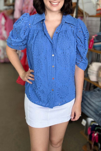 Embroidered Hollow Bubble Sleeve Lapel Shirt