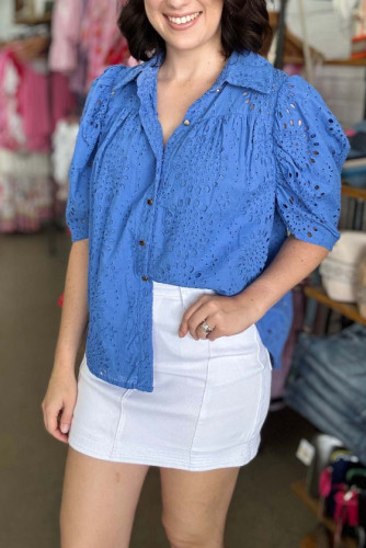Embroidered Hollow Bubble Sleeve Lapel Shirt