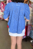 Embroidered Hollow Bubble Sleeve Lapel Shirt