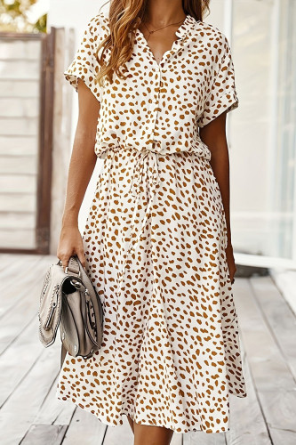 Printed V-Neck Button Short Sleeved Dress