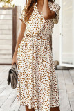 Printed V-Neck Button Short Sleeved Dress