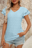 Solid Color V-Neck Hollow Short Sleeved T-Shirt