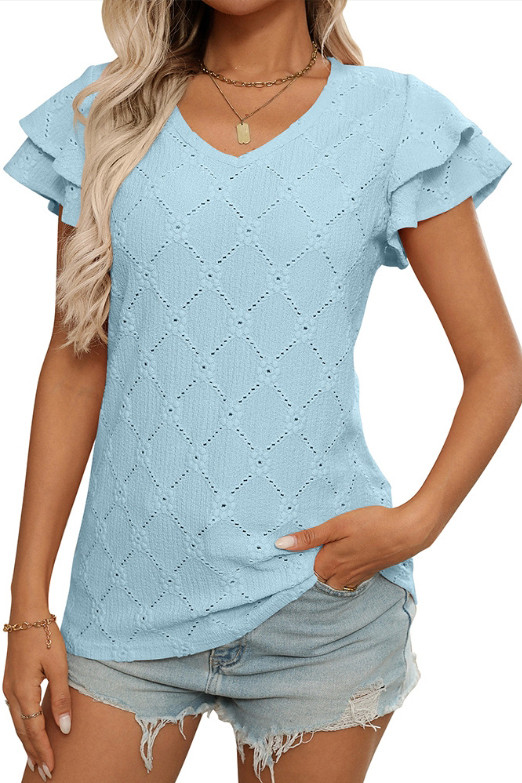 Solid Color V-Neck Hollow Short Sleeved T-Shirt