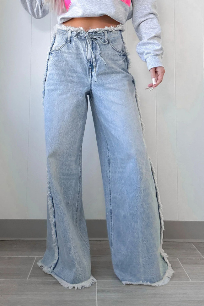 Wash Water Frayed Low Waist Straight Leg Jeans