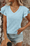 Solid Color V-Neck Hollow Short Sleeved T-Shirt