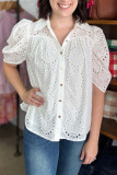 Embroidered Hollow Bubble Sleeve Lapel Shirt