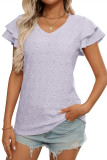 Solid Color V-Neck Hollow Short Sleeved T-Shirt