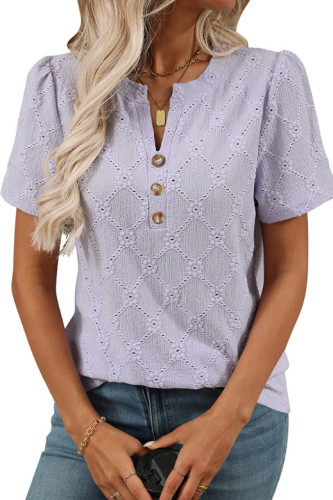 Jacquard Round Neck Short Sleeved Button T-Shirt