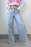 Wash Water Frayed Low Waist Straight Leg Jeans
