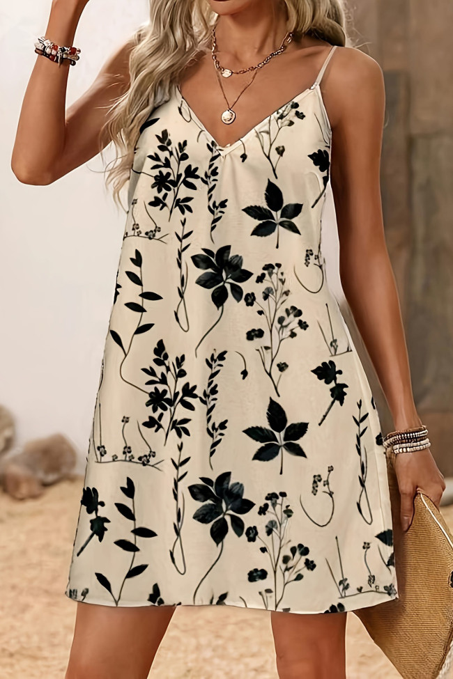 V-Neck Loose Print Suspender Dress