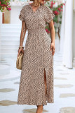 V-Neck Lace Up Slit Leopard Print Dress