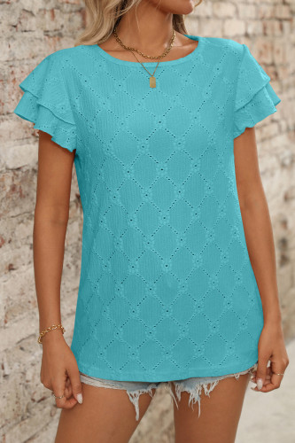 Solid Color Round Neck Short Sleeved Hollow T-Shirt