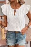 Jacquard V-Neck Ruffled Short Sleeved T-Shirt