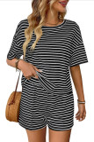 Striped Printed Short Sleeve Shirt Shorts Two-Piece Set
