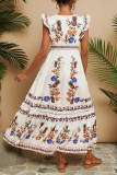 Holiday Style Printed V-Neck Ruffled Sleeve Dress