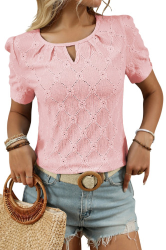 Solid Color Round Neck Button Short Sleeved T-Shirt