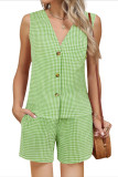 Linen Plaid Printed Vest Shorts Two-Piece Set