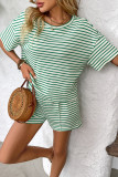 Striped Printed Short Sleeve Shirt Shorts Two-Piece Set
