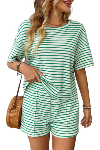 Striped Printed Short Sleeve Shirt Shorts Two-Piece Set
