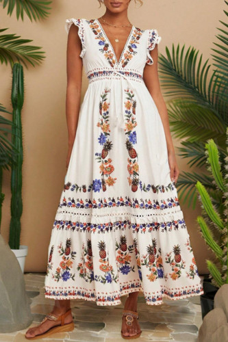 Holiday Style Printed V-Neck Ruffled Sleeve Dress
