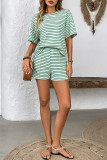 Striped Printed Short Sleeve Shirt Shorts Two-Piece Set