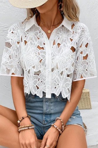 Lace Fashion Versatile Hollow Short Sleeve Shirt