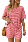 Striped Printed Short Sleeve Shirt Shorts Two-Piece Set