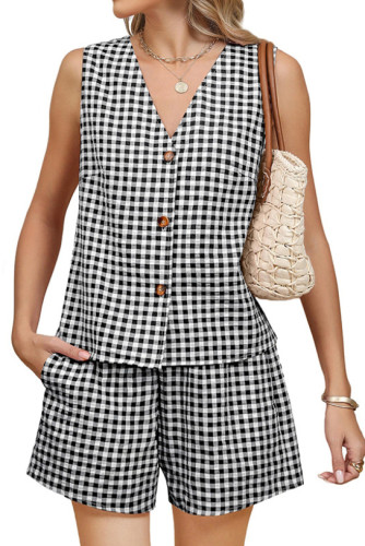 Linen Plaid Printed Vest Shorts Two-Piece Set