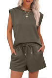 Solid Color Hooded Round Neck Top ShortsTwo-Piece Set