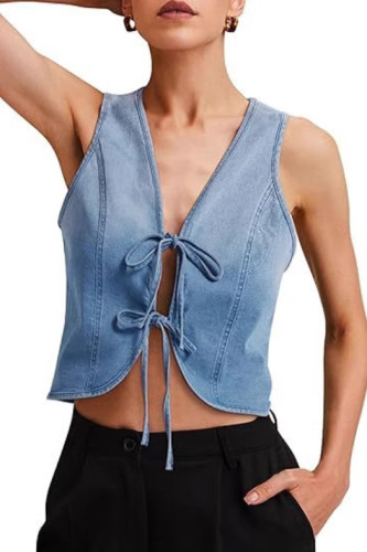 Washed Denim Fashion Lace Up Sleeveless Vest